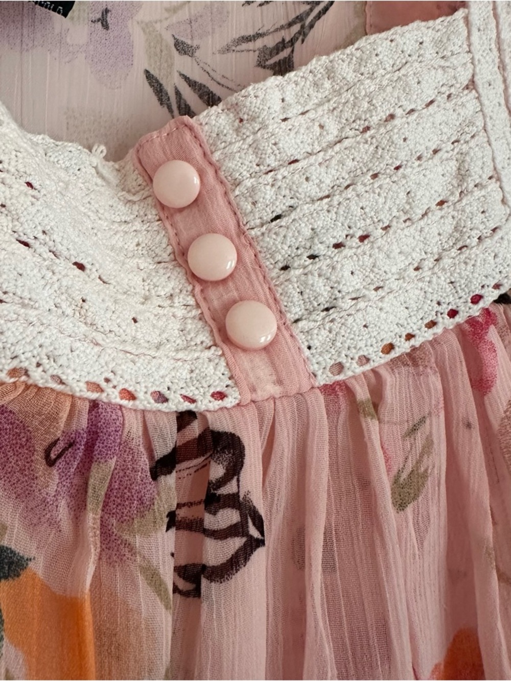 Pink Floral Sheer Peasant Top with Multicolor Blooms - Picture 3 of 4